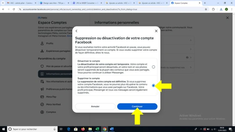 Cliquer sur supprimer le compte puis continuer