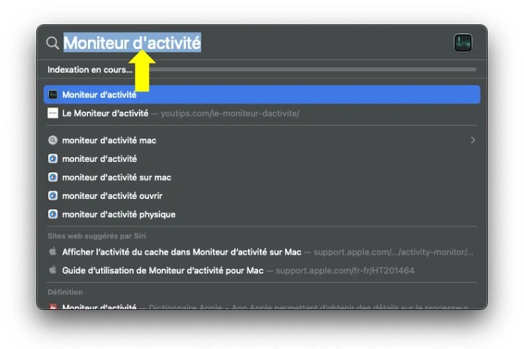 Barre de recherche Spotlight des moniteurs d'activités