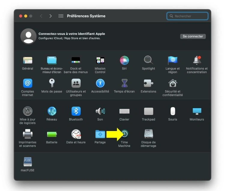 Cliquer sur Time Machine dans les préférences systèmes