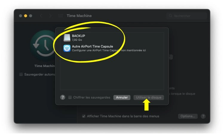 Choisir un disque de sauvegarde puis confirmer