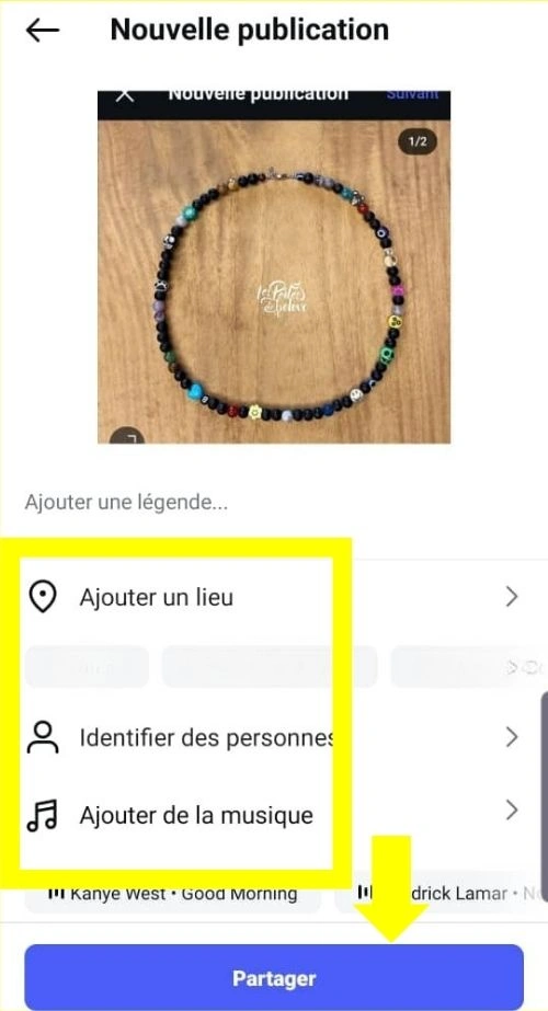 Ajouter un lieu, Identifier des personnes ou Ajouter de la musique à la publication Instagram