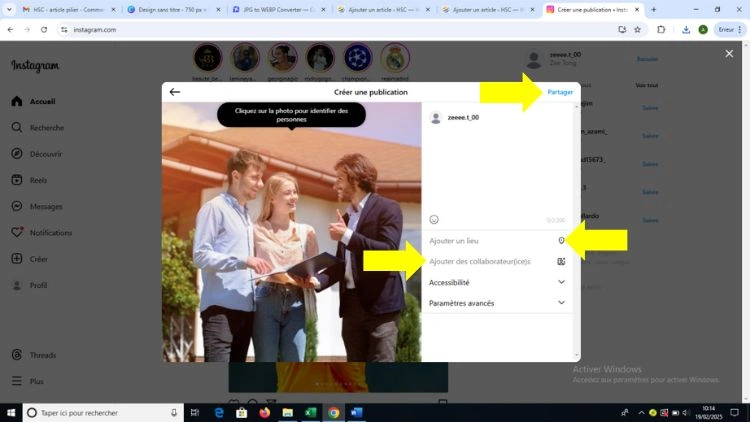 Ajouter un lieu, des collaborateurs ou des amis à la publication Instagram puis Partager