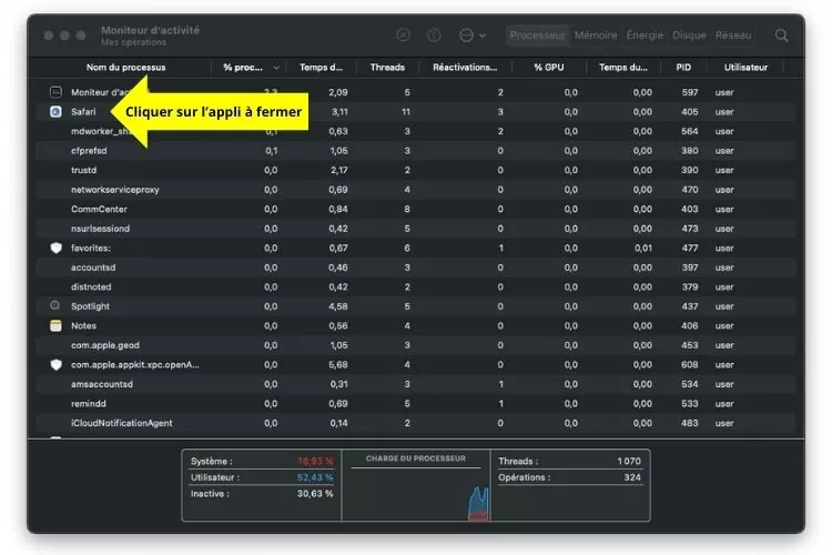 Appli à fermer dans Moniteur d'activité