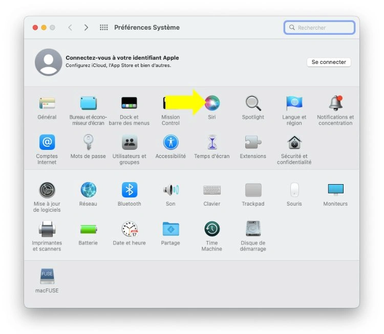 Cliquer sur Siri dans les Préférences Système