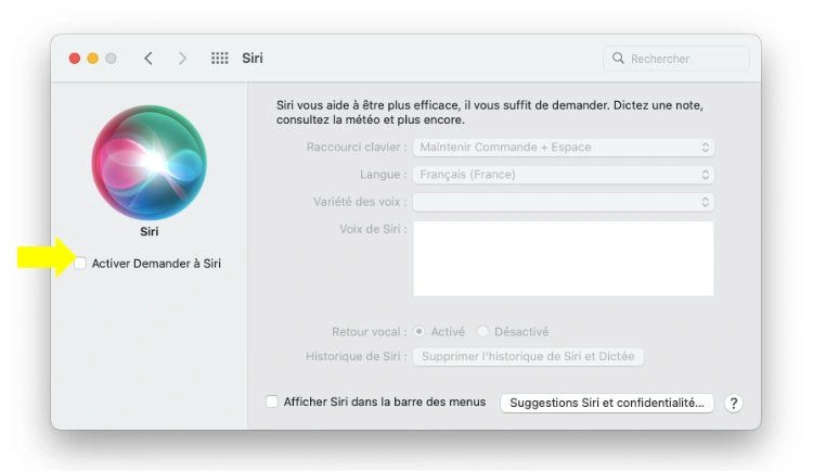 Décocher "Activer Demander à Siri"