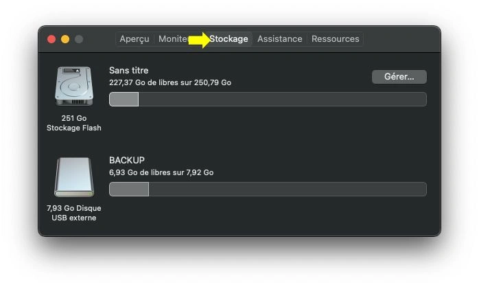 Cliquer sur Stockage