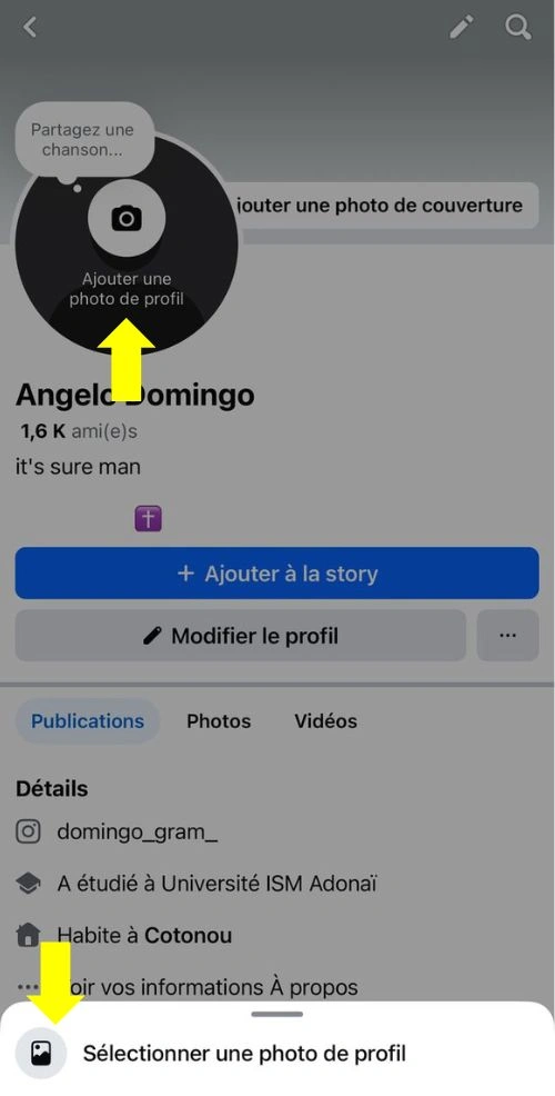 Cliquer sur le rond de photo puis sur Sélectionner une photo de profil