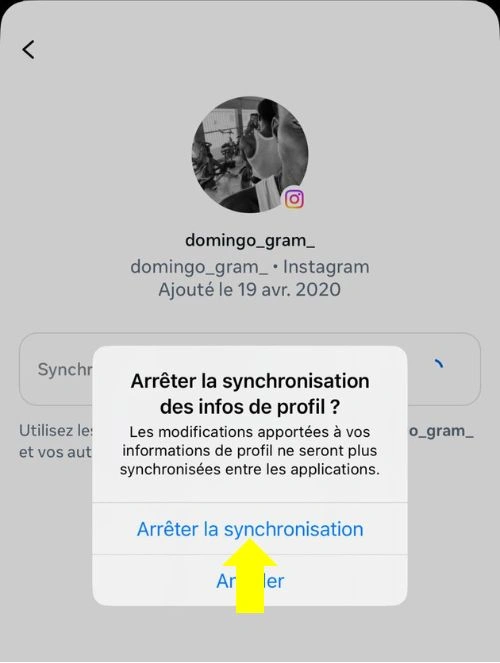 Cliquer sur Arrêter la synchronisation