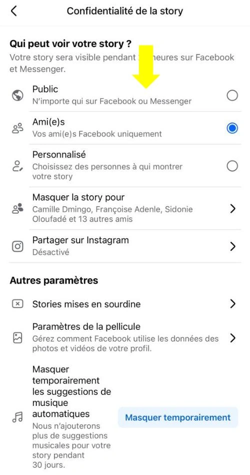 Choisir le statut de confidentialité de votre story