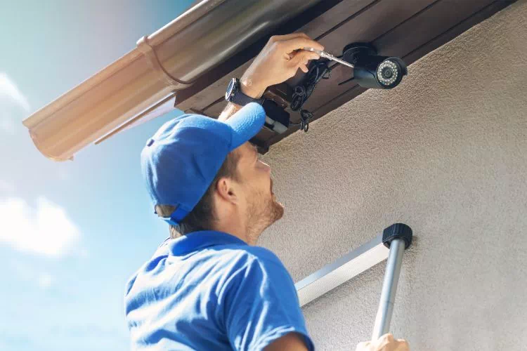 Technicien installant une caméra de surveillance