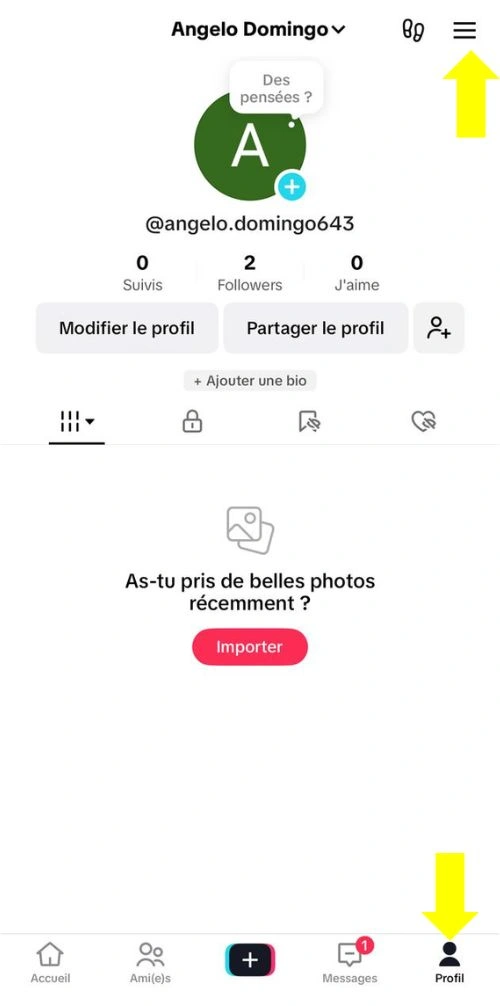 Cliquer sur le Profil puis sur trois barres en haut à droite