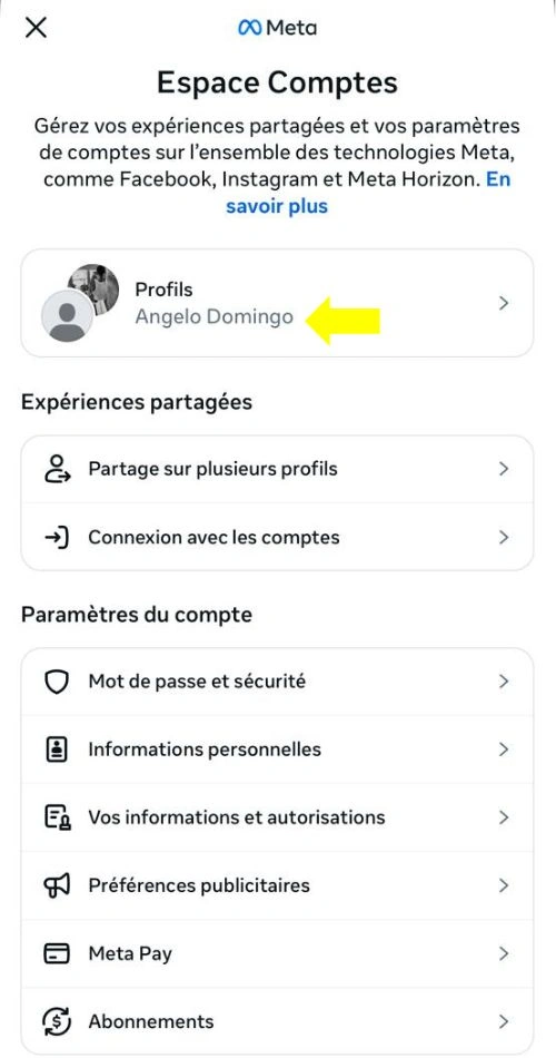 Cliquer sur les profils dans Espaces Comptes