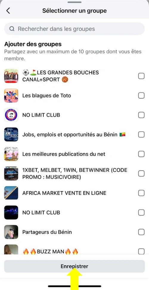 Sélectionner les groupes puis enrégistrer
