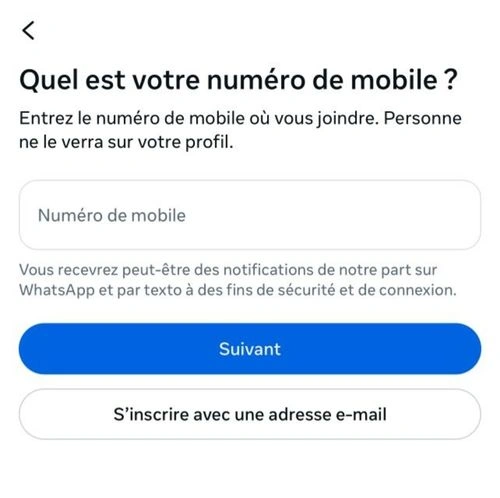 S'inscrire avec un numéro ou mail puis suivant