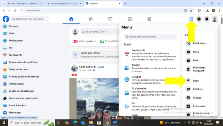 Cliquer sur le menu puis cliquer sur la page