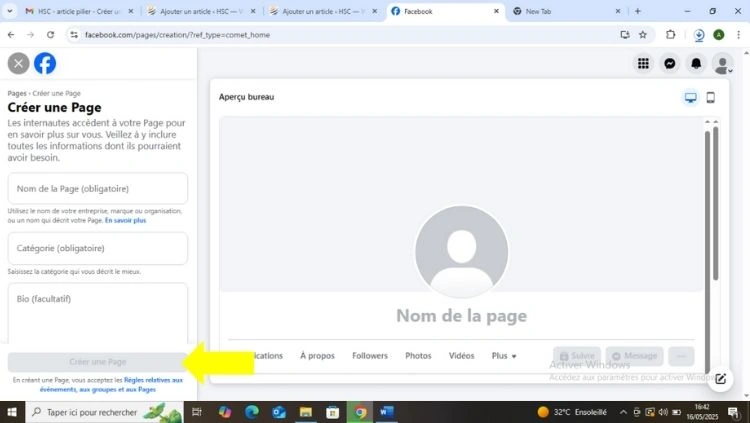 Remplir les informations puis cliquer sur créer une page