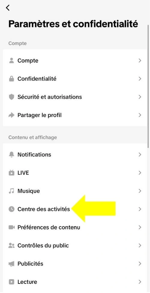 Cliquer sur centre des activités