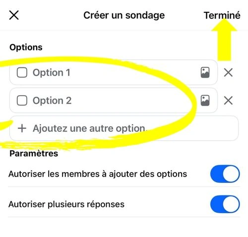 Créer les options puis cliquer sur Terminé