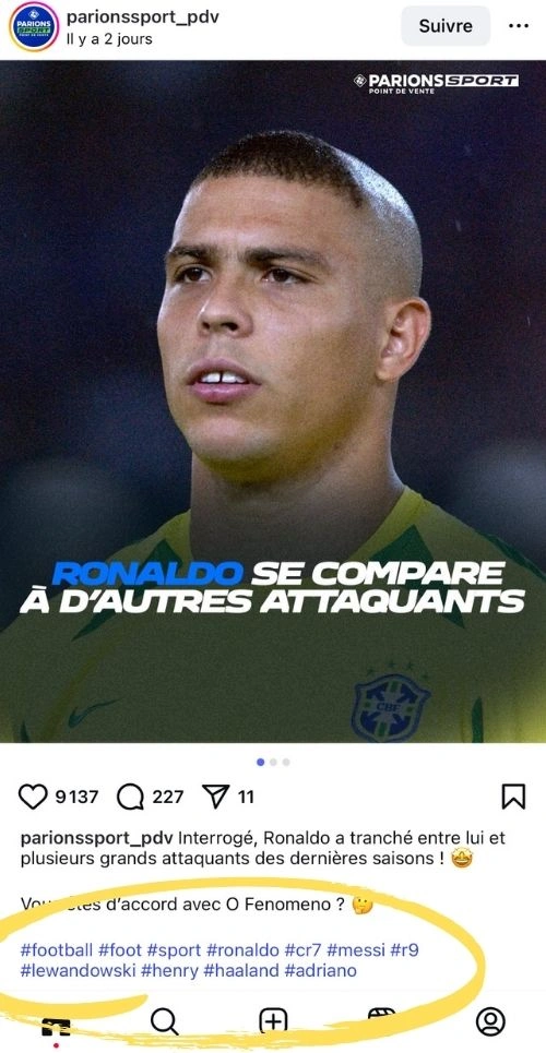 Publication Instagram avec des hashtags