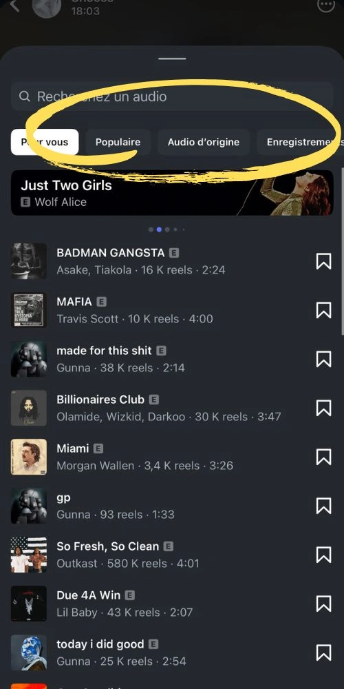 Différentes catégories de musiques et barre de recherche
