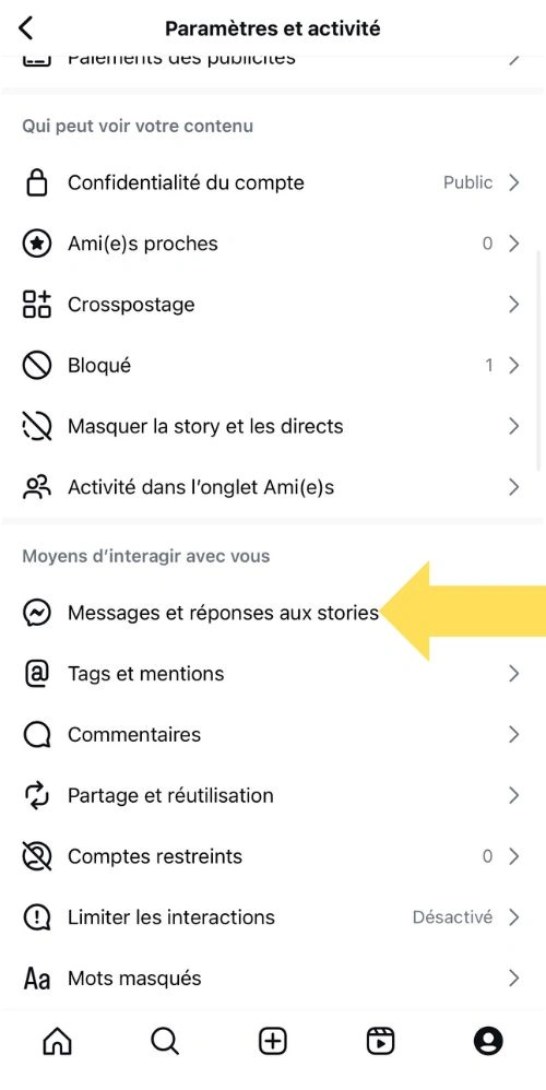 Cliquer sur Messages et réponses aux stories