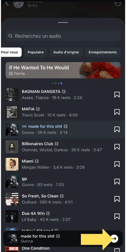 Cliquer sur la flèche après la sélection de la musique