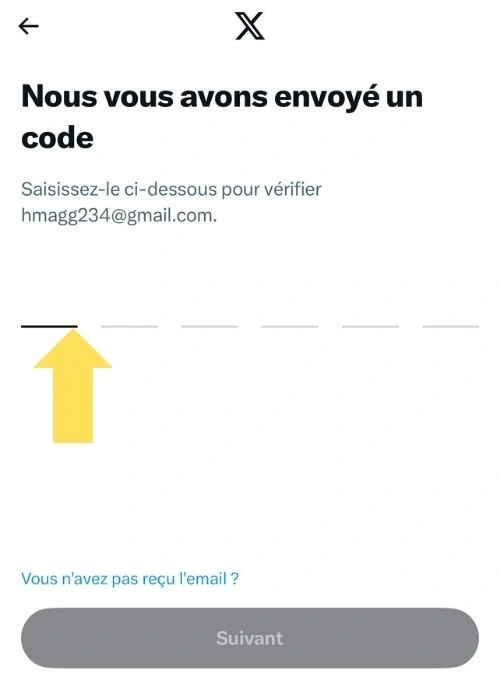 Mettre le code de confirmation envoyé par mail