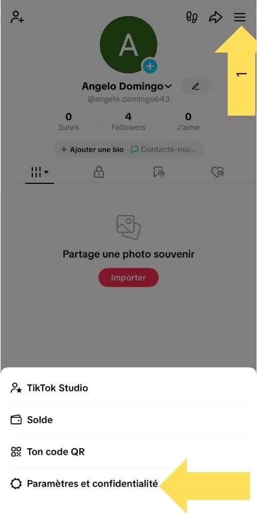 Cliquer sur les trois barres du Menu puis sur Paramètres et confidentialité