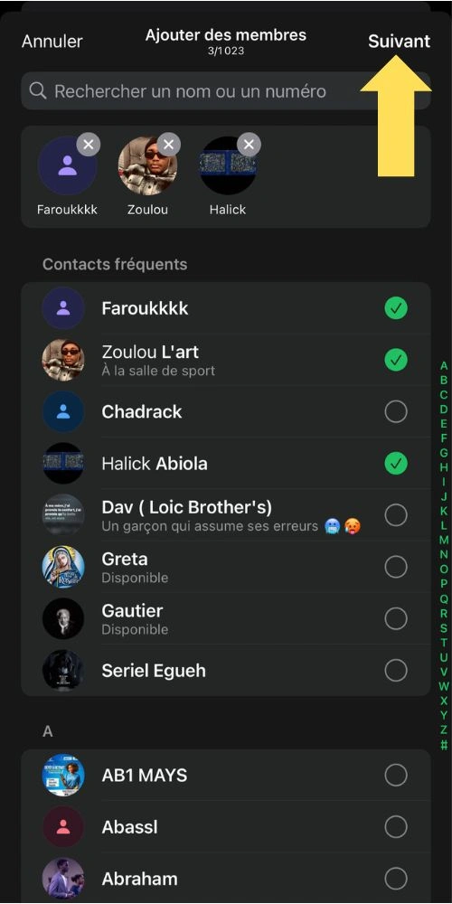 Sélectionner les membres et cliquer sur suivant