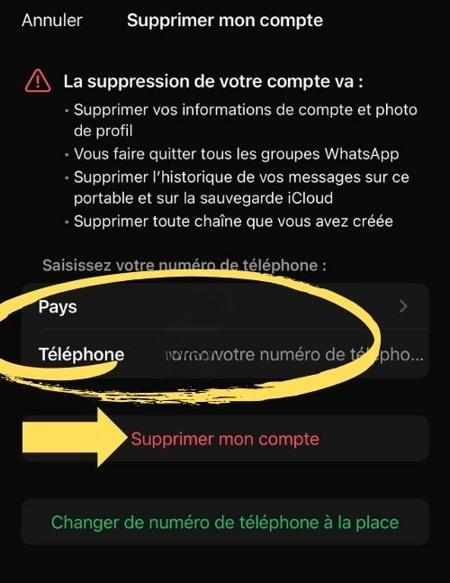Remplir les informations et supprimer mon compte
