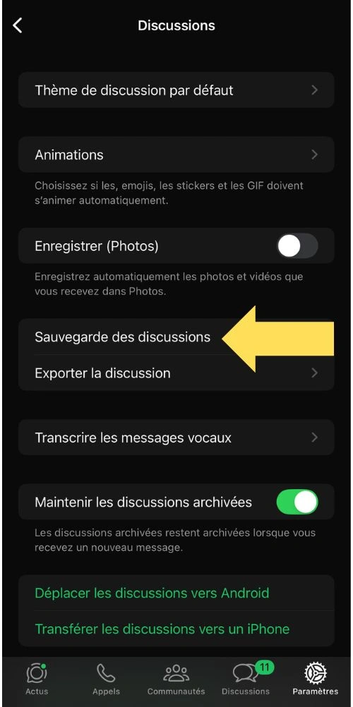 Cliquer sur sauvegarde des discussions