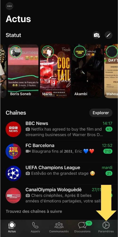 Cliquer sur paramètres