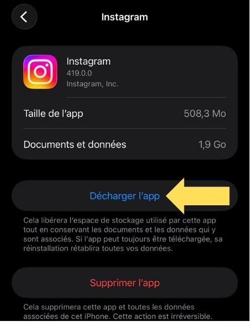 Cliquer sur décharger l'app pour vider le cash sur Iphone