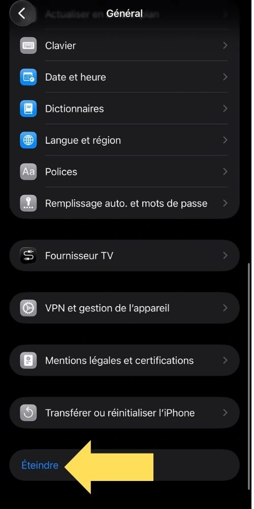 Cliquer sur Eteindre