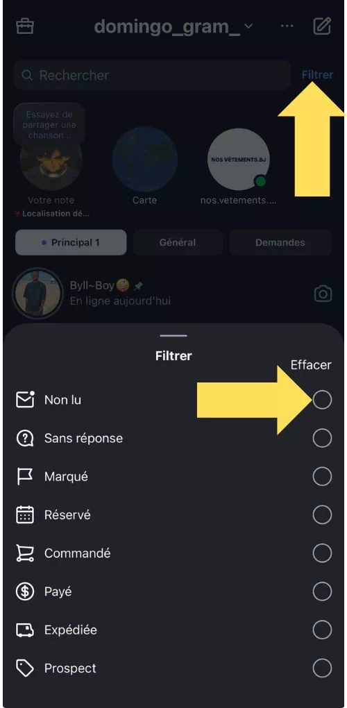 Cliquer sur Filtrer pour trier les discussions
