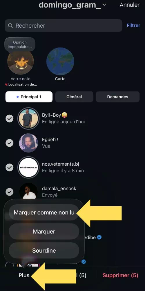 Sélectionner les discussions puis cliquer sur Plus et sur Marquer comme non lu