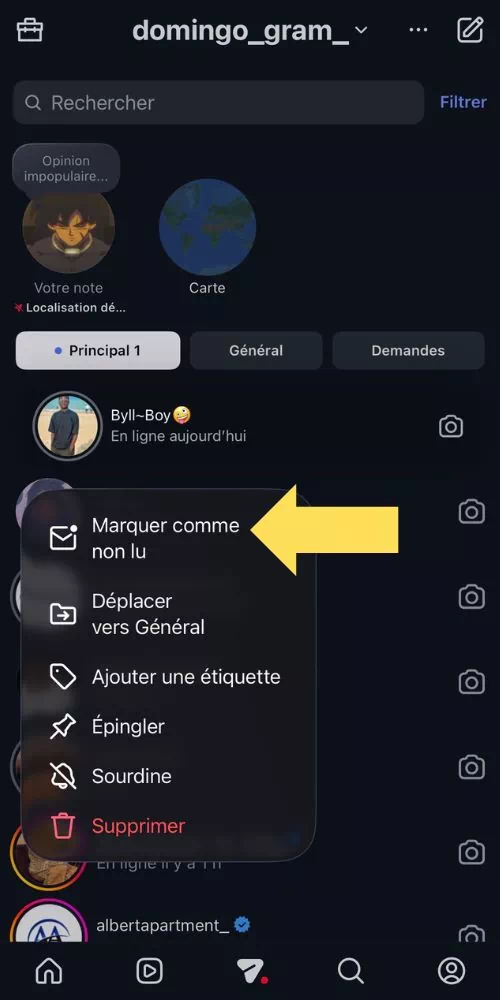Appuie long sur une discussion puis cliquer sur Marquer comme non lu