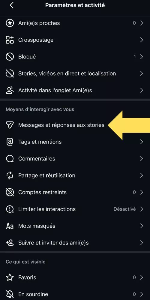 Cliquer sur Messages et réponses aux stories