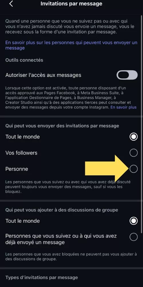 Cocher Personne pour les personnes qui peuvent vous envoyer d'invitation par message