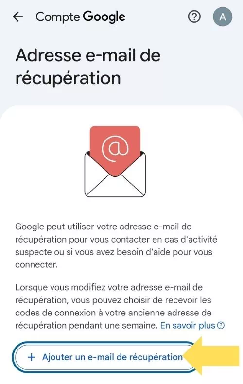 Cliquer sur Ajouter un e-mail de récupération