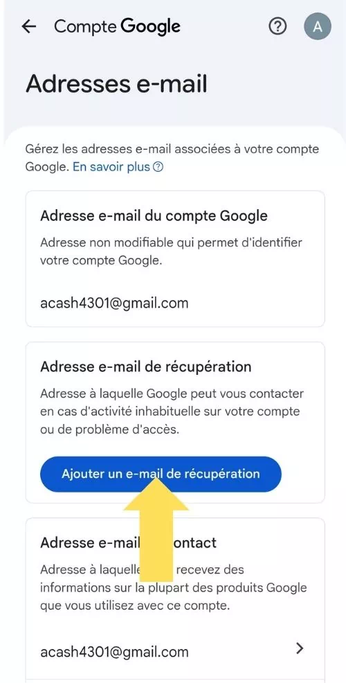 Cliquer sur Ajouter un e-mail de récupération