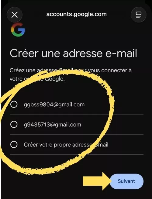 Choisir une adresse E-mail puis cliquer sur suivant