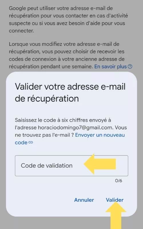 Mettre le code de validation et cliquer sur valider