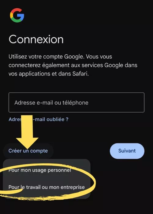 Cliquer sur Créer un compte puis choisir le type d'usage