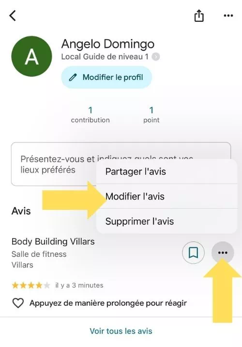 Cliquer sur les trois points et sur modifier l'avis