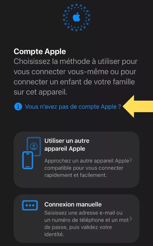 Cliquer sur Vous n'avez pas de compte Apple