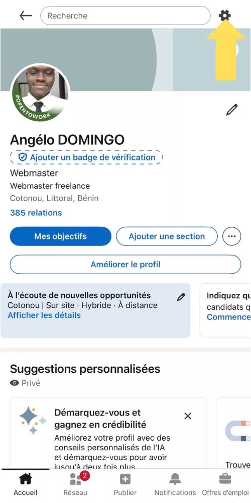 Cliquer sur les paramètres