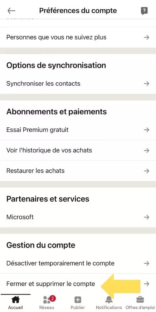 Cliquer sur Fermer et supprimer le compte