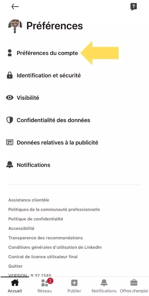 Cliquer sur Préférences du compte