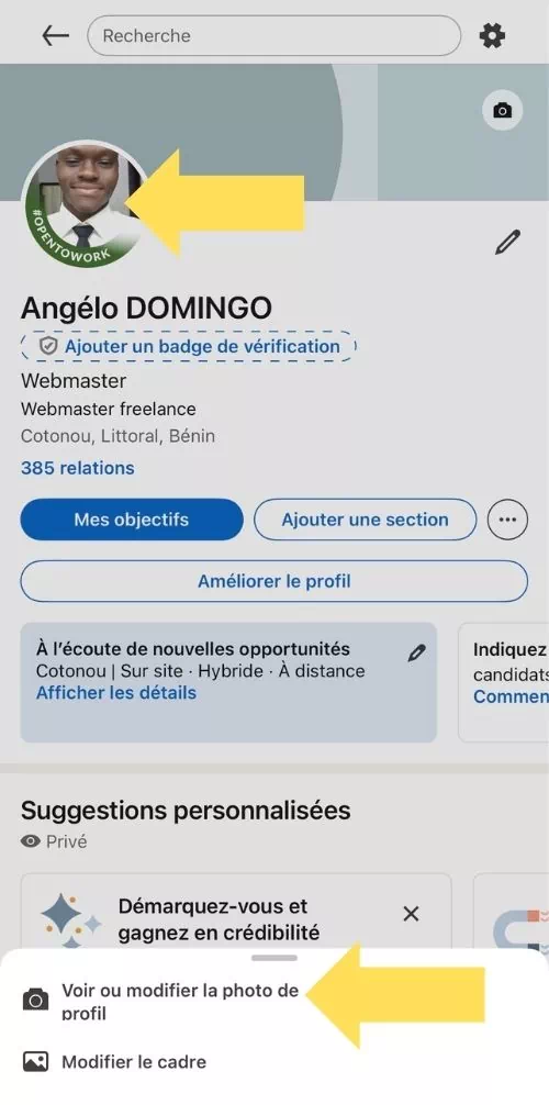 Cliquer sur la photo de profil puis sur Voir ou modifier la photo de profil